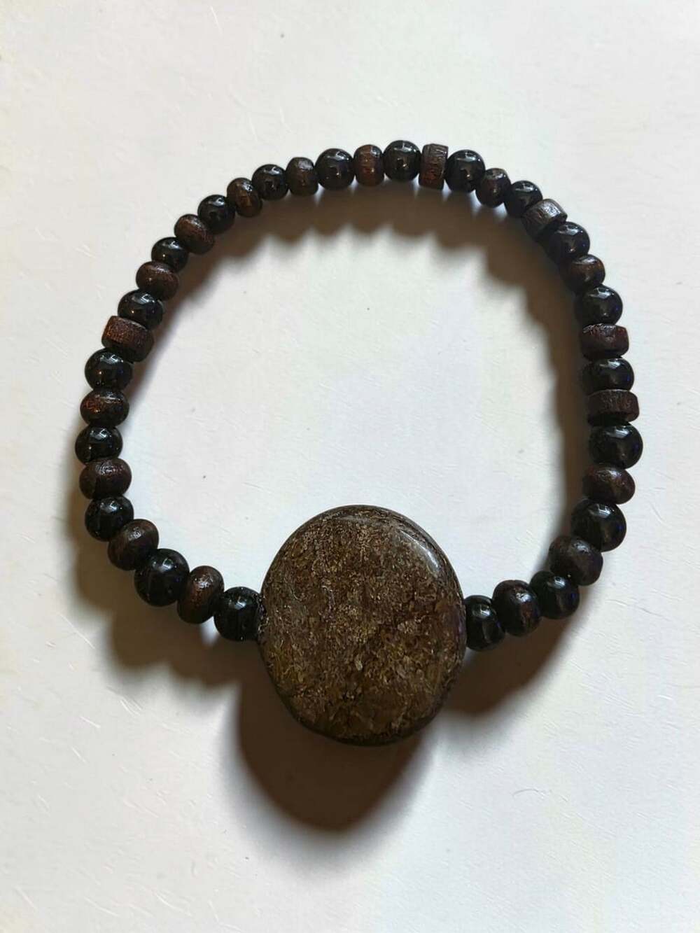Wood Bead Bracelet With Center Stone Brown Beaded